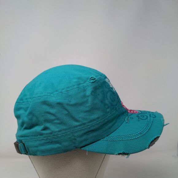 Cancer Awareness Pink Ribbon Cadet Army Cap Greenish-Blue One Size Distressed - Picture 5 of 8